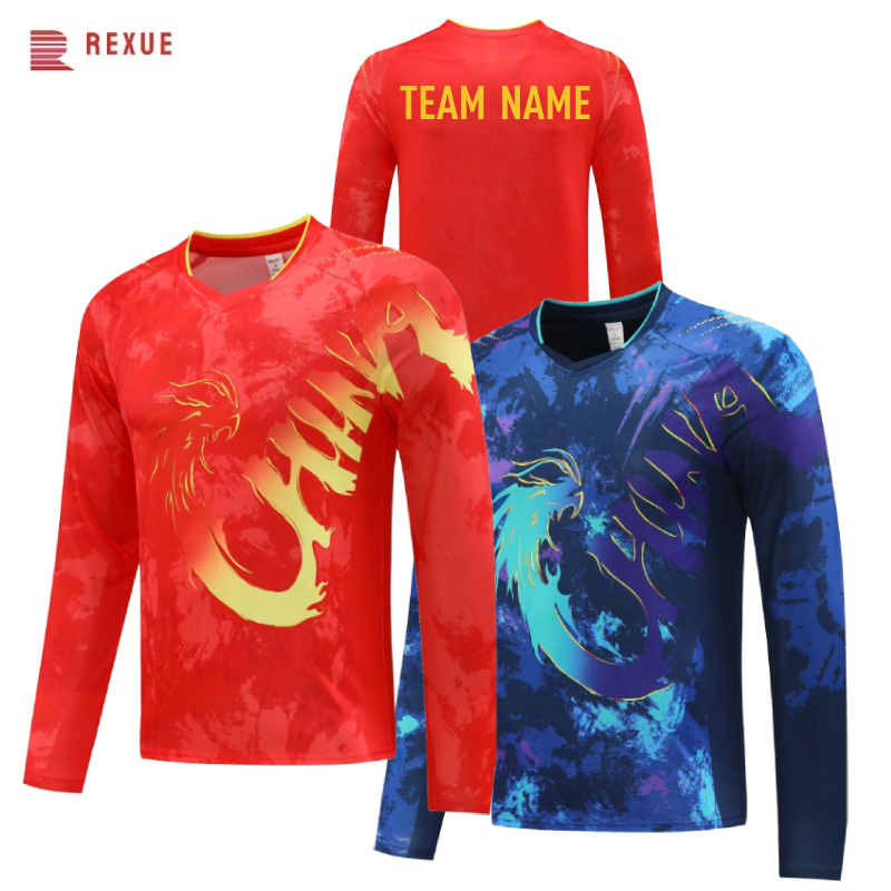 Table Tennis Logo Free - China Dragon แขนยาวตารางเทนนิสเสื้อ 2024 สีแดงสีฟ้าจีนทีมแบดมินตัน Jersey